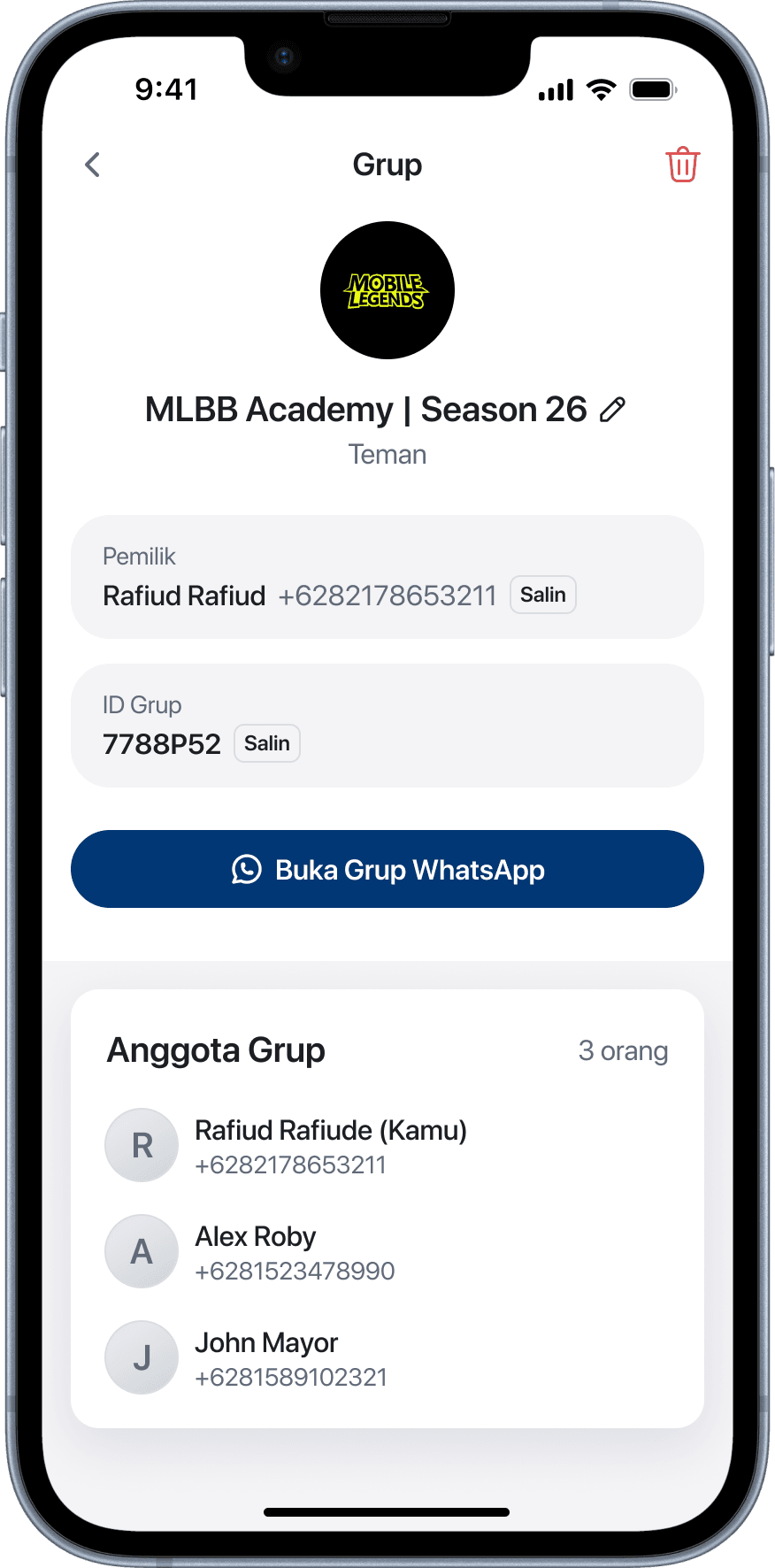Detail Grup - Info grup, token, dan anggota